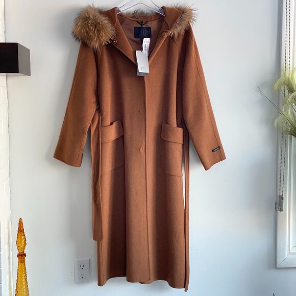 JUNGE Cinnamon Wool Blend Fur Hooded Trench Coat Fits10 - Picture 6 of 16